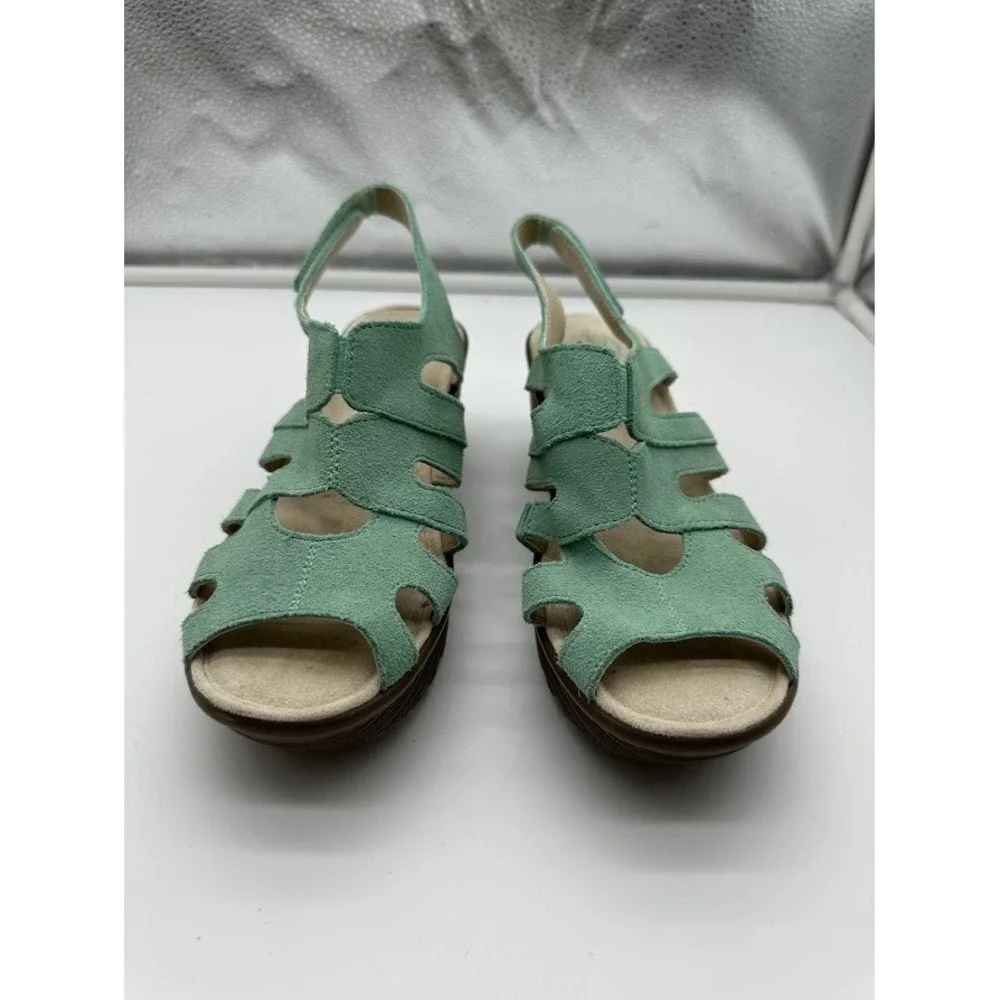 Skechers Parallel‎ Mint Green Suede Memory Foam Wedge Sandals Womens 6.5